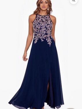 Betsy & Adam Navy Maxi Dress with Rose-Gold Embroidered Bodice